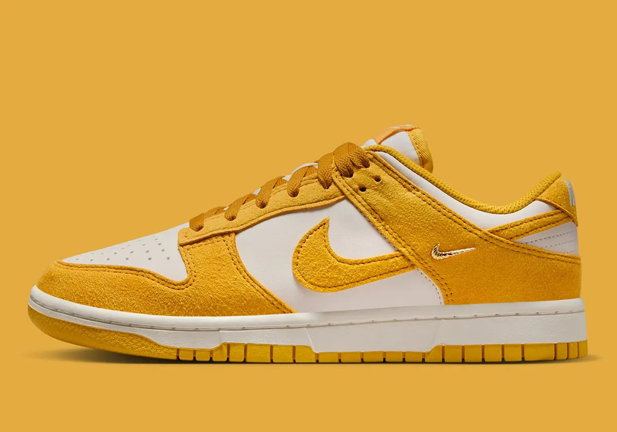 Women's Nike Dunk Low "Gold Mini Swoosh" Yellow/White IB4417-101 Fashion Athletic Sneaker